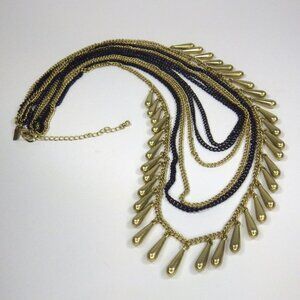 Lane Bryant Black & Gold Tassel/Fringe multi-layered Statement Necklace Signed